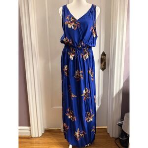 A New Day Sleeveless Blue Floral Print Maxi Dress Tie Waist Size L